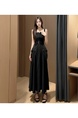 Real Shot of Hong Kong Style Internet Celebrity Sweet Cool Hot Girl Outfit: Street Blasting Straps Double Belt Ruffled Slit Mid-Length Dress in Black for Summer