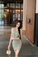 Real Shot Cost-Effective Dress Summer Backless Halter Knitted Hip Skirt with Chest Pad in Sage Green