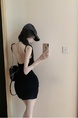 Real Shot Cost-Effective Dress Summer Backless Halter Knitted Hip Skirt with Chest Pad in Black