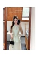 Yang Xiaoxiao Fujia Gold Three-Dimensional Flower Sleeveless Dress Gauze Skirt Fairy Dress in Ivory White Tight Waist Skirt Engagement Dress