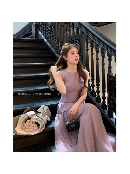 Yang Xiaoxiao Fujia Gold Three-Dimensional Flower Sleeveless Dress Gauze Skirt Fairy Dress in Lavender Tight Waist Skirt Engagement Dress