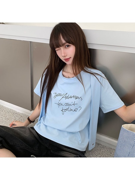 Real Shot Cost-Effective Fake Two Pieces Short Sleeve T-shirt Women's Summer 2025 New Printed Shawl Casual Versatile Loose Top in Light Blue