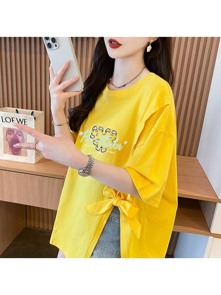Real Shot Douyin Quality/Pure Cotton/Back Collar/Medium-Length Loose Slit Strap Design T in Bright Yellow
