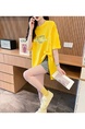 Real Shot Douyin Quality/Pure Cotton/Back Collar/Medium-Length Loose Slit Strap Design T in Bright Yellow