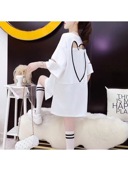 Title: Official Picture Pure Cotton/Back Collar Design Mid-Length T-Shirt Female Printed Versatile Loose Top - White