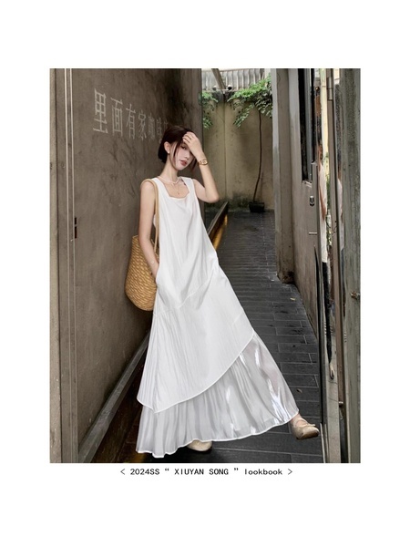 High Quality and Quality! White Sleeveless Vest Dress Women's Summer French Style Temperament High Sense Seaside Vacation Dress