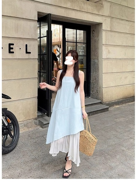 High Quality and Quality! Light Blue Sleeveless Vest Dress Women's Summer French Style Temperament High Sense Seaside Vacation Dress