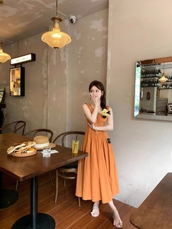 Original Fabric! Orange Seaside Vacation Sling Dress Women's Summer New French Platycodon Grandiflorum Waist-Tight Beach Long Skirt