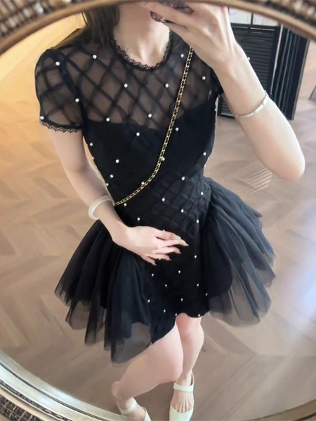 French Heavy Beaded Black Short-Sleeved Dress for Women Summer New Pure Desire Style Mesh Splicing Sexy Short Skirt