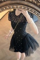 French Heavy Beaded Black Short-Sleeved Dress for Women Summer New Pure Desire Style Mesh Splicing Sexy Short Skirt