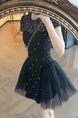 French Heavy Beaded Black Short-Sleeved Dress for Women Summer New Pure Desire Style Mesh Splicing Sexy Short Skirt