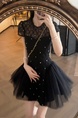 French Heavy Beaded Black Short-Sleeved Dress for Women Summer New Pure Desire Style Mesh Splicing Sexy Short Skirt