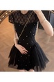 French Heavy Beaded Black Short-Sleeved Dress for Women Summer New Pure Desire Style Mesh Splicing Sexy Short Skirt