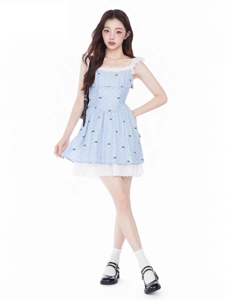 FLIM French Pure Desire Sweet Bow Polka Dot Suspender Dress Summer Waist Slim Ballet Princess Skirt in Light Blue