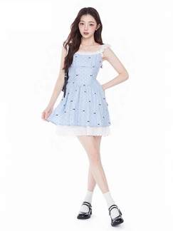 FLIM French Pure Desire Sweet Bow Polka Dot Suspender Dress Summer Waist Slim Ballet Princess Skirt in Light Blue