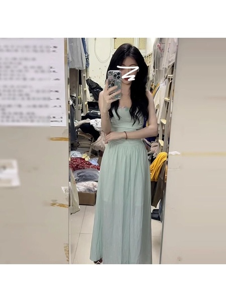 High Quality and Quality! Plus Lining! French Style Temperament Green Nipped Waists Backless Strap Dress Long Dress for Women in Mint Green