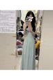 High Quality and Quality! Plus Lining! French Style Temperament Green Nipped Waists Backless Strap Dress Long Dress for Women in Mint Green