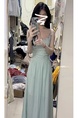 High Quality and Quality! Plus Lining! French Style Temperament Green Nipped Waists Backless Strap Dress Long Dress for Women in Mint Green