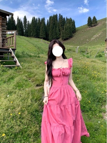 Dopamine Pink Flying Sleeve Sling Dress in Vibrant Pink - Women's Summer Vacation Style French Temperament High-Grade Backless Dress