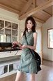 Real Shot Cost-Effective Round Neck Slim-Fit Sleeveless Irregular Distressed Dress in Green Summer Retro Mori Style Simple Denim Skirt