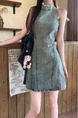 Real Shot Cost-Effective Round Neck Slim-Fit Sleeveless Irregular Distressed Dress in Green Summer Retro Mori Style Simple Denim Skirt