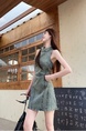 Real Shot Cost-Effective Round Neck Slim-Fit Sleeveless Irregular Distressed Dress in Green Summer Retro Mori Style Simple Denim Skirt