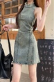 Real Shot Cost-Effective Round Neck Slim-Fit Sleeveless Irregular Distressed Dress in Green Summer Retro Mori Style Simple Denim Skirt