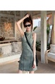 Real Shot Cost-Effective Round Neck Slim-Fit Sleeveless Irregular Distressed Dress in Green Summer Retro Mori Style Simple Denim Skirt