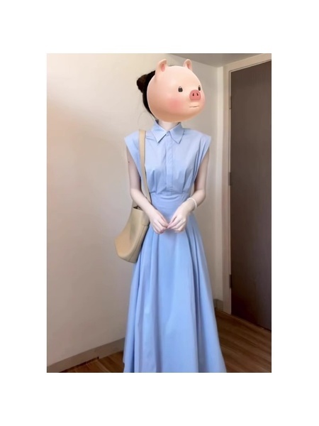 French Style Gentle Blue Polo Collar Sleeveless Dress in Light Blue Simple and Elegant High-Grade Waist-Tight A-line Dress