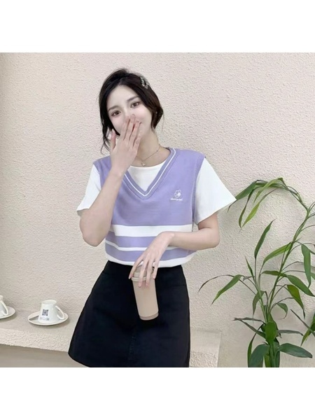 European Goods in Stock 2025 Summer New Fake Two-Piece Short-Sleeved T-Shirt Pure Cotton Splicing Knitted Sweater Round Neck Thin Loose in Lavender and White