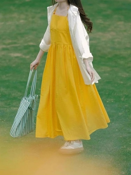High Quality and Quality! Summer Small Look Tall French Style Temperament Gentle Yellow Gallus Dress Women's Suit in Bright Yellow