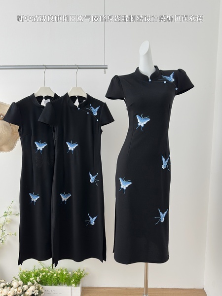 Lei Handsome Butterfly Dream Summer New Chinese Style Hollow Mesh Butterfly Embroidery Black Temperament Dress in Black