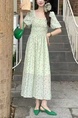 Fresh Floral Dress Korean Chic Lady Puff Short Sleeve Backless Tie-Shoulder Floral Dress in Light Green