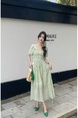 Fresh Floral Dress Korean Chic Lady Puff Short Sleeve Backless Tie-Shoulder Floral Dress in Light Green