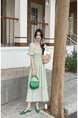 Fresh Floral Dress Korean Chic Lady Puff Short Sleeve Backless Tie-Shoulder Floral Dress in Light Green