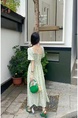 Fresh Floral Dress Korean Chic Lady Puff Short Sleeve Backless Tie-Shoulder Floral Dress in Light Green