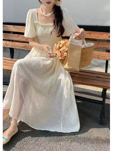 Fresh Floral Dress Korean Chic Lady Wooden Ear Backless Lace-up Short Sleeve Dress in Cream