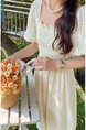 Fresh Floral Dress Korean Chic Lady Wooden Ear Backless Lace-up Short Sleeve Dress in Cream