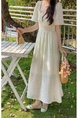 Fresh Floral Dress Korean Chic Lady Wooden Ear Backless Lace-up Short Sleeve Dress in Cream