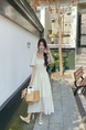 Fresh Floral Dress Korean Chic Lady Wooden Ear Backless Lace-up Short Sleeve Dress in Cream