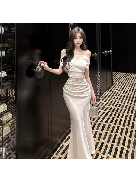 French Pure Sexy Off-Shoulder Acetate Satin A-Line Long Skirt Mesh Splicing Slim Waist Dress for Women in Ivory