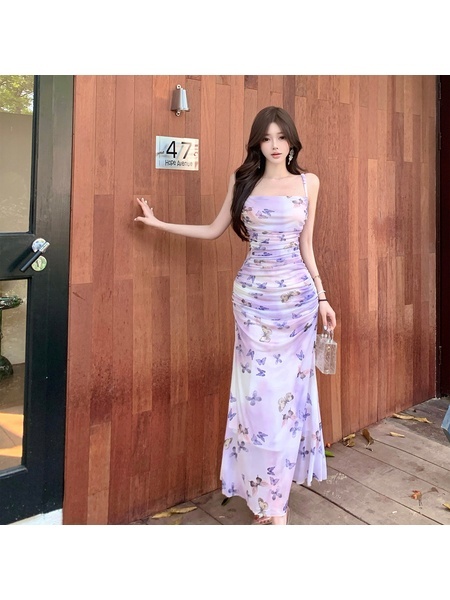 Real Shot of Pure Desire Style Sexy Off-Shoulder Suspender Long Skirt Butterfly Print Gradient Mesh Slim Waist Dress for Women in Lavender