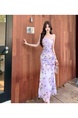Real Shot of Pure Desire Style Sexy Off-Shoulder Suspender Long Skirt Butterfly Print Gradient Mesh Slim Waist Dress for Women in Lavender
