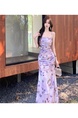 Real Shot of Pure Desire Style Sexy Off-Shoulder Suspender Long Skirt Butterfly Print Gradient Mesh Slim Waist Dress for Women in Lavender