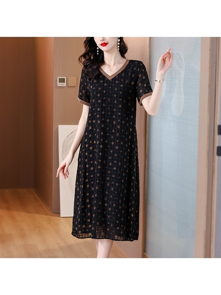 Large Size Women's Dress Female Summer Fashion New Temperament V-Neck Jacquard Straight Skirt Slim Long Skirt in Black