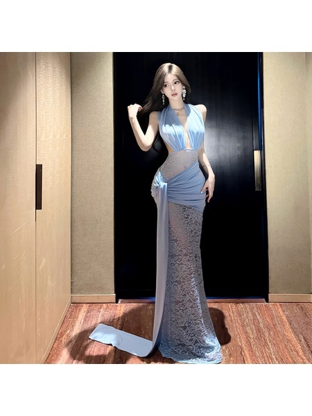 Sexy Celebrity Beach Vacation Halter Neck Backless Floor-Length Dress Lace Splicing Deep V-Neck Slim Dress in Light Blue