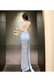 Sexy Celebrity Beach Vacation Halter Neck Backless Floor-Length Dress Lace Splicing Deep V-Neck Slim Dress in Light Blue