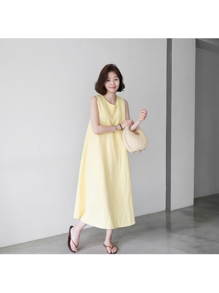 Korean Style Sleeveless Vest Loose Slim Linen Artistic Knee-Length Dress for Women in Yellow