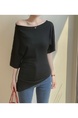 Black Real Shot 2025 Summer Plus Size Off-Shoulder Irregular Short-Sleeved T-shirt Shoulder Collar Slimming Top
