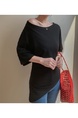 Black Real Shot 2025 Summer Plus Size Off-Shoulder Irregular Short-Sleeved T-shirt Shoulder Collar Slimming Top